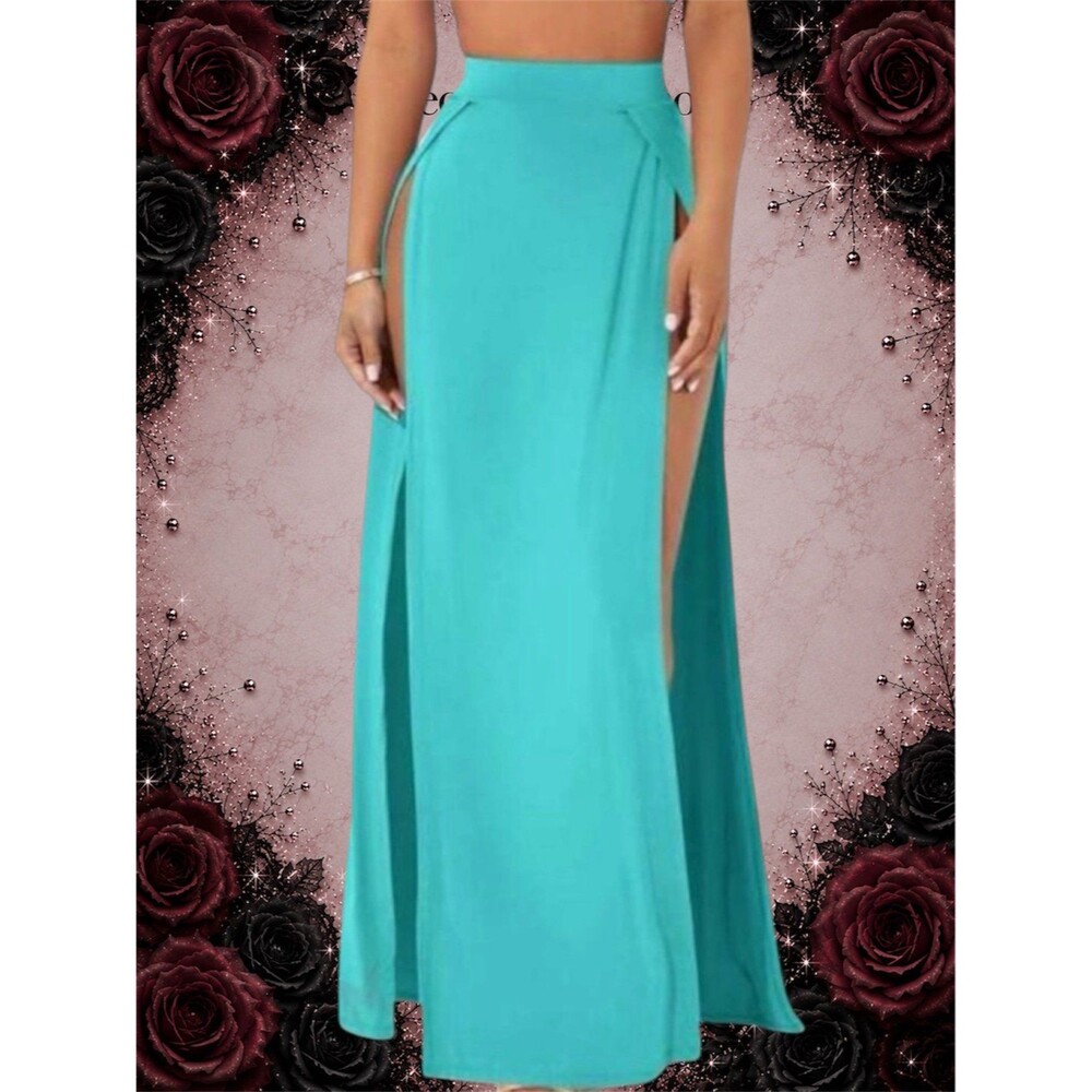 Preowned SHEIN Petite Turquoise Blue High Slit Maxi Skirt – Size Small